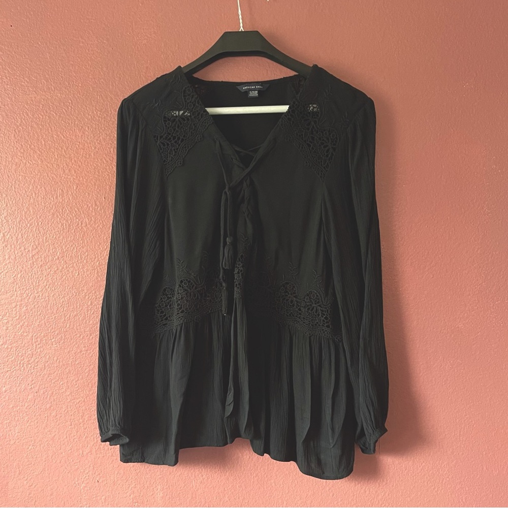 American Eagle Black Lace Up Floral Lace Blouse XL